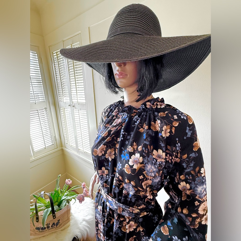 Amour Vert Black Floral Long Sleeve Dress with Peach and Blue Flowers
